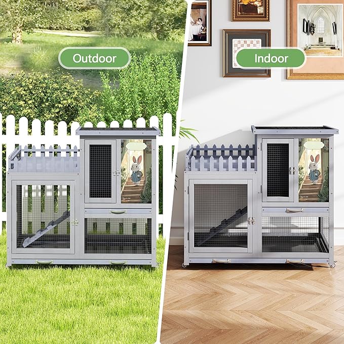 COZIWOW Double Layers Durable 38In Rabbit Hutch Indoor on Wheels, Small Animal Houses Habitat, Rolling Large Bunny Cage Outdoor with Removable Tray, Ramp, Two Story Bunny Cage（Grey with Pattern）-PawvioPets