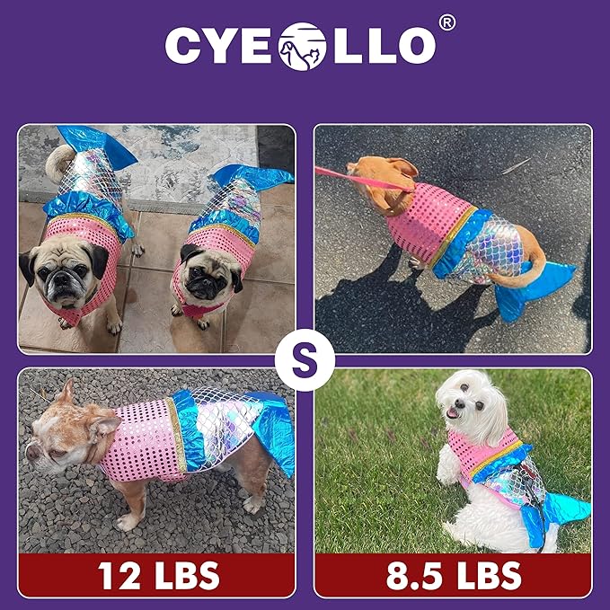 cyeollo Mermaid Dog Costume Halloween Clothes for Doggie Sequin Mermaid Small Dog Party Outfit Funny Pet Costumes for Small Dogs Size S-PawvioPets