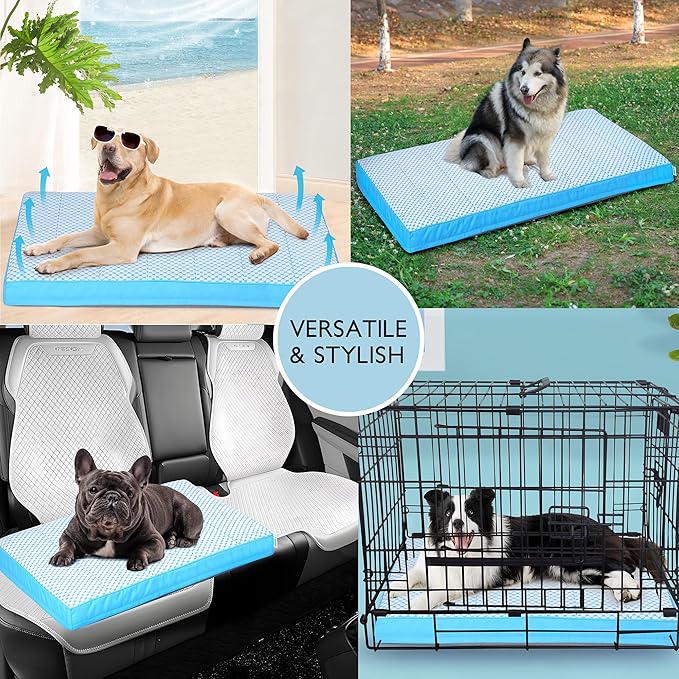 Cooling Dog Bed for Large Dogs - Orthopedic Pet Beds with Memory Foam, QMAX>0.5, Waterproof Removable Washable Cover for Hot Weather, Blue, 35" L x 23" W x 3" H-PawvioPets