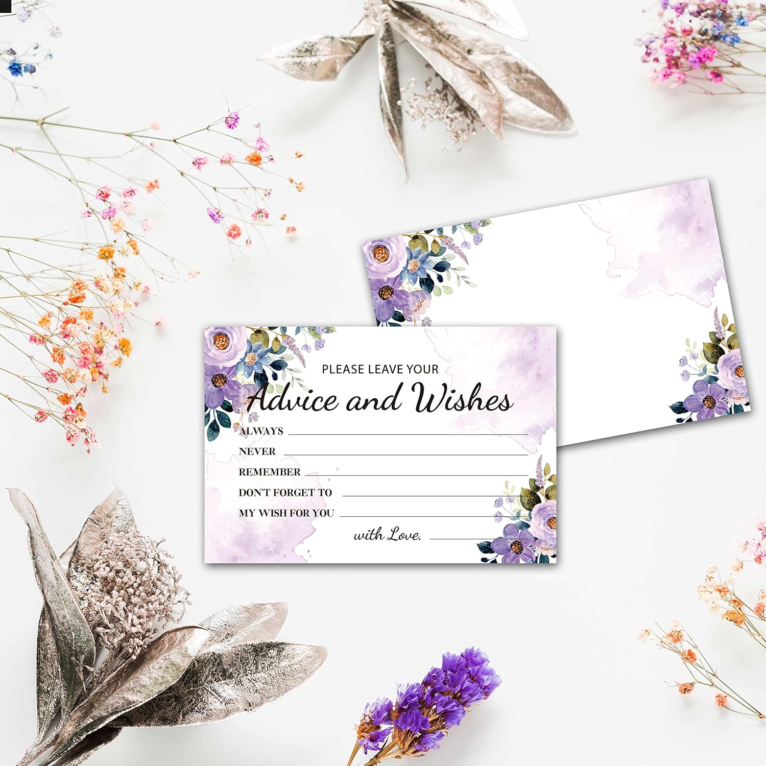 Purple Floral Advice and Wishes Cards, 25 Pcs Watercolor Purple Double Sided Advice Cards for The Bride and Groom, Mr and Mrs, Bride Shower, Wedding Reception, Engagement Party(08)