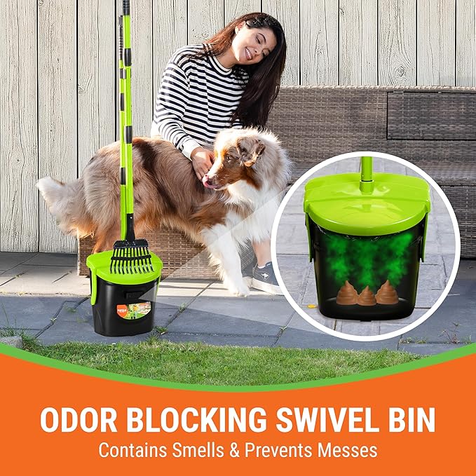 Dog Pooper Scooper with Bag Attachment, 40" Long Handle Pooper Scooper for Large Dogs, Dog Poop Scoop for Yard, Large Capacity Swivel Bin and Rake, Lavender Scented Bags (Green)-PawvioPets