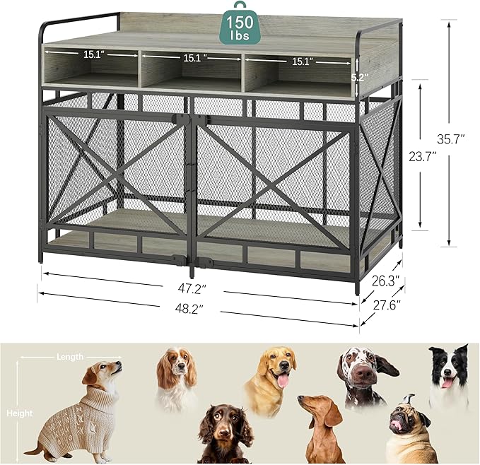 Dog Crate Furniture, 48" Heavy Duty Wooden Dog Crate End Table, XL Dog Kennel Furniture Large Breed, Decorative Dog Kennel Indoor with 3 Drawers & Steel Tubes 48" L x28 W x36 H (Grey)-PawvioPets