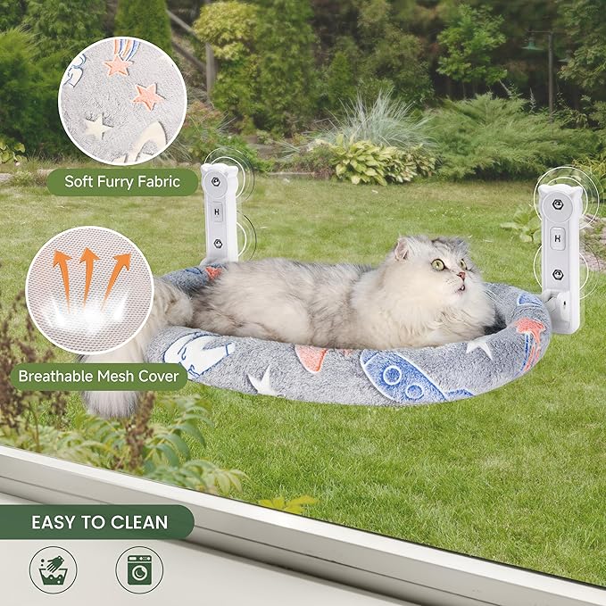 2 Pack Cat Window Perch, Glow in The Dark Foldable Cat Hammock with Cozy Pad Bed, Breathable Cordless Window Seat with Stud Metal Frame for Large Cats and Kitten (Cushion Bed, 2 Pack - L)-PawvioPets