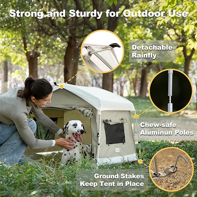 Dog Tent Cotton Fabric, Aluminum Poles and Camping Mat, Outdoor Weatherproof, Dog House Outdoor, Breathable with 2 Side Windows, Portable and Collapsible (Gray, Large)-PawvioPets