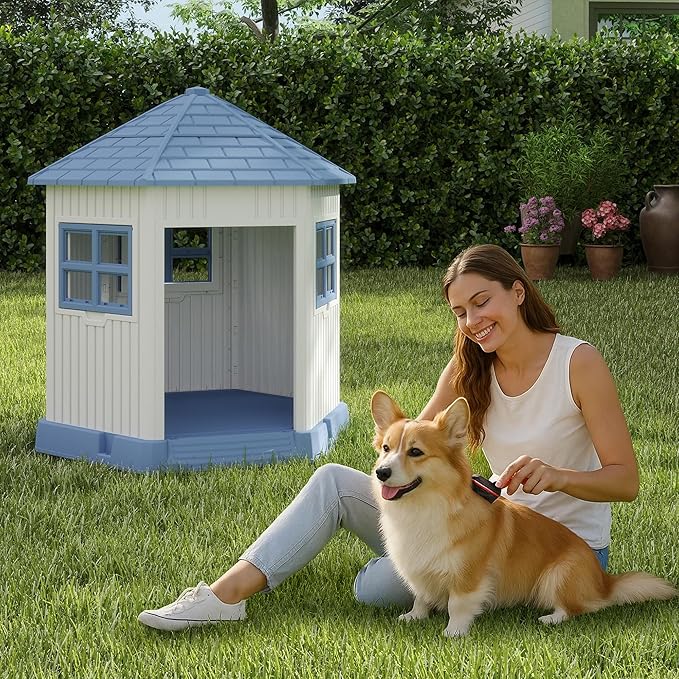 DRATO Dog House Indoor Outdoor Durable Large Dog Shelter with Outside Dog Kennel with Window and Elevated Floor for Small Medium Dogs (Blue, 34.8 * 30.51 * 36.89)-PawvioPets