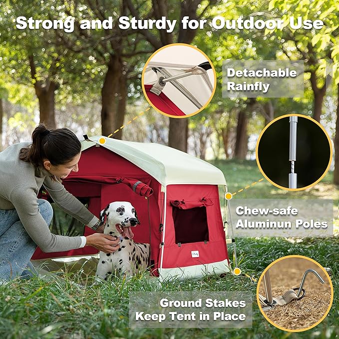 Dog Tent Cotton Fabric, Aluminum Poles and Camping Mat, Outdoor Weatherproof, Dog House Outdoor, Breathable with 2 Side Windows, Portable and Collapsible (Red, Large)-PawvioPets