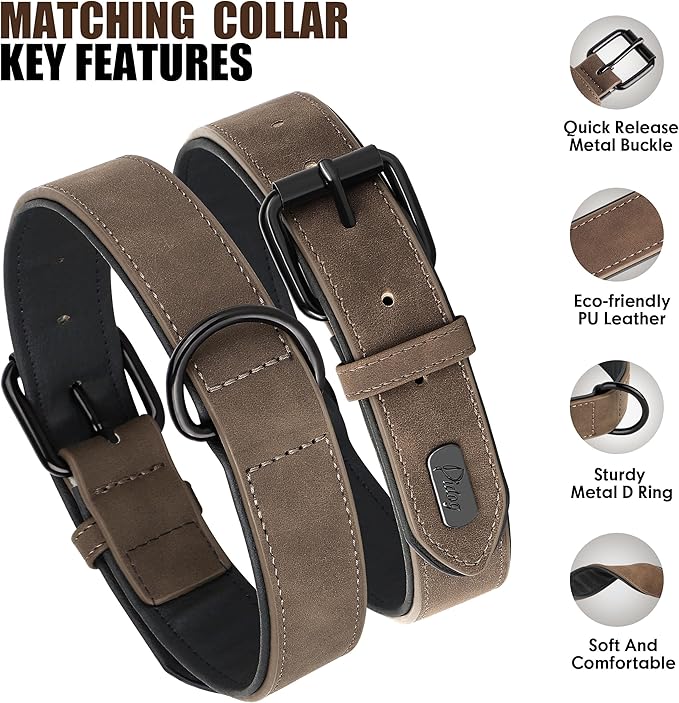 Didog Soft Padded Leather Dog Collar and Leash Set, Adjustable Dog Leash and Collar Set with Metal Buckle, Breathable Dog Collars with 4FT Leather Dog Leash for Small Medium Large Dogs, Brown, M-PawvioPets