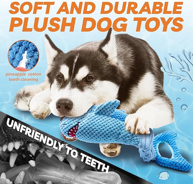 Dog Toys for Large Dogs, Squeaky Dog Toys for Aggressive Chewers, Plush Dog Chew Toys for Teething, Interactive Shark Dog Toys to Keep Them Busy Tug Of War Puppy Toys for Small,Medium,Large Breeds-PawvioPets