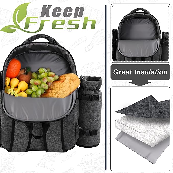 apollo walker Picnic Backpack Bag for 2 Person with Cooler Compartment, Detachable Bottle/Wine Holder, Fleece Blanket, Plates and Cutlery Set (2Person,Grey)-PawvioPets