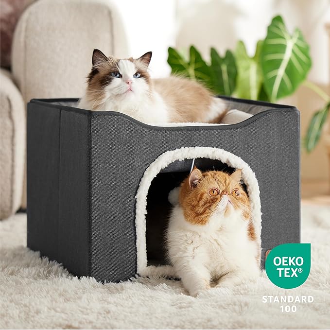 Bedsure Cat Beds for Indoor Cats - Large Cat Cave for Pet Cat House with Fluffy Ball Hanging and Scratch Pad, Foldable Cat Hideaway, 16.5x16.5x13 inches, Dark Grey-PawvioPets