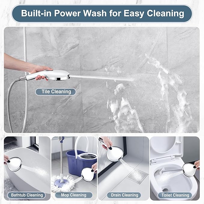 BRIGHT SHOWERS High Pressure Shower Head with Handheld, 9 Spray Settings Showerhead Built in Power Wash to Clean Tub and Pets, Extra Long 69" Hose, Adjustable Bracket, Chrome-PawvioPets