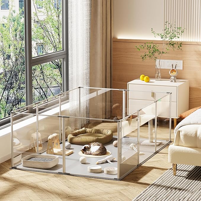 Dog Clear Playpen Fence Kennel: 10Panels Indoor Transparent Whelping Box Pen Cage with Waterproof whelping pad - Extra Long Acrylic Exercise Kennel with Metal Frame for Cats Puppy Rabbits Guinea Pig-PawvioPets