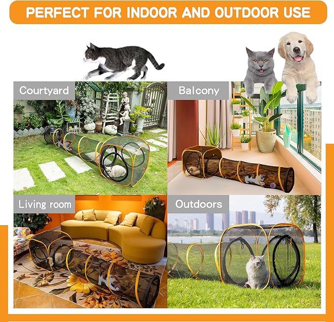 Collapsible Cat Play Tunnel + Cube with Three Ways for Indoor and Outdoor, Cat Enclosure, Tunnel and Tent Connection-PawvioPets