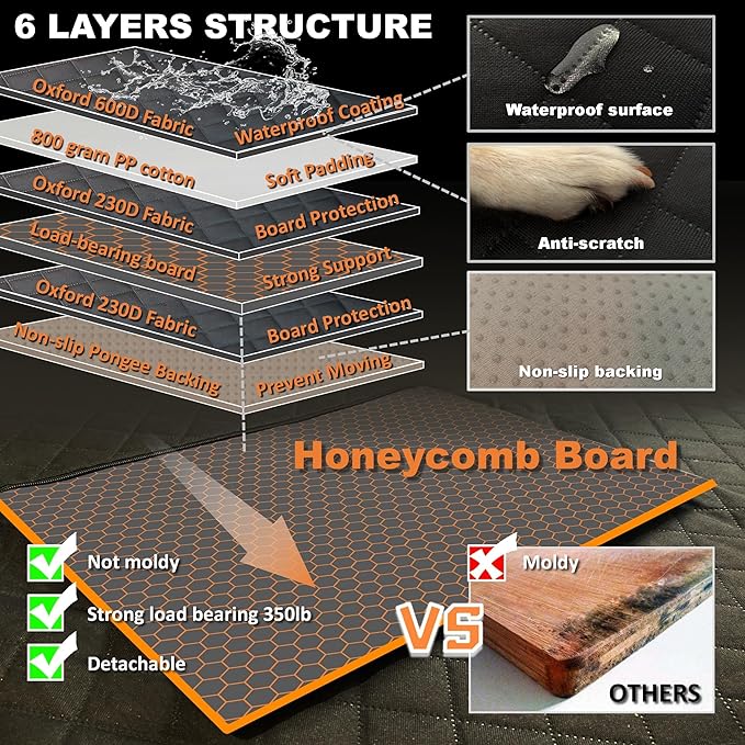 Back Seat Extender for Dogs Cats,Car Seat Cover with Hard Support,Waterproof Dog Hammock for Car Travel,Foldable Camping Bed Mattress for SUV Truck(Black)-PawvioPets