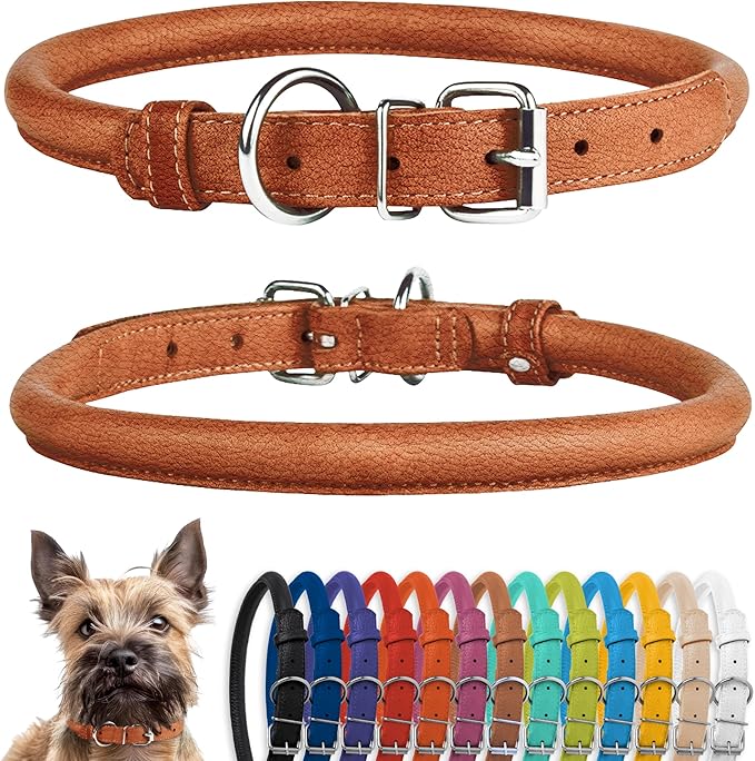 CollarDirect Rolled Leather Dog Collar, Soft Padded Round Puppy Collar, Handmade Genuine Leather Collar Dog Small Large Cat Collars 13 Colors (8-11 Inch, Cinnamon Textured)-PawvioPets