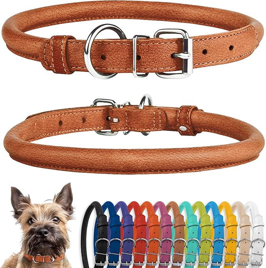 CollarDirect Rolled Leather Dog Collar, Soft Padded Round Puppy Collar, Handmade Genuine Leather Collar Dog Small Large Cat Collars 13 Colors (8-11 Inch, Cinnamon Textured)-PawvioPets