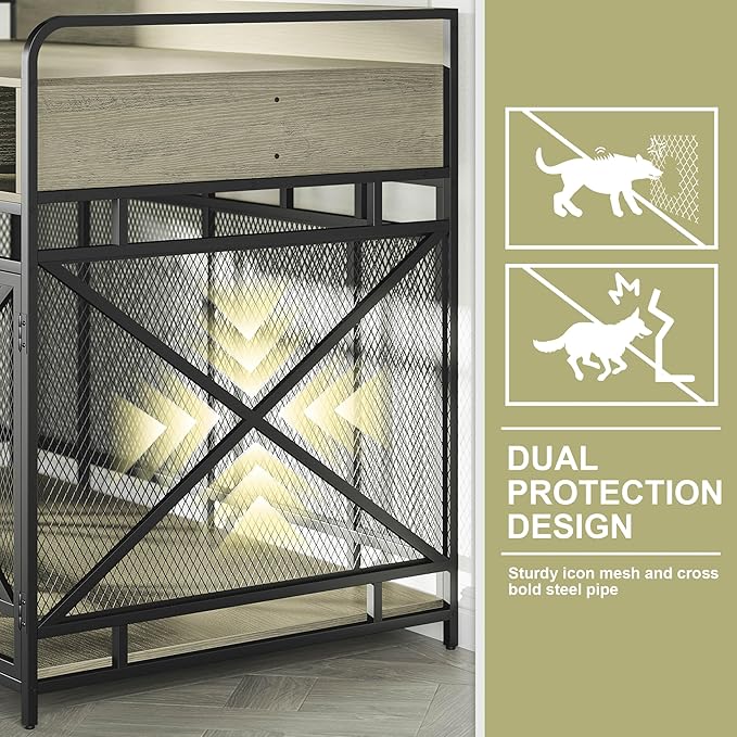 Dog Crate Furniture, 48" Heavy Duty Wooden Dog Crate End Table, XL Dog Kennel Furniture Large Breed, Decorative Dog Kennel Indoor with 3 Drawers & Steel Tubes 48" L x28 W x38 H (Grey)-PawvioPets