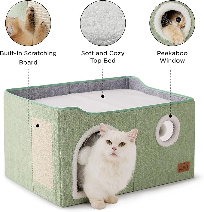Bedsure Large Cat Beds for Indoor Cats - Extra Wide Cat Cube House for Small Pet with Fluffy Ball Hanging and Scratch Pad, Foldable Pet Cave Hideaway for Multiple Cats, 23.6x16.9x13 inches, Green-PawvioPets
