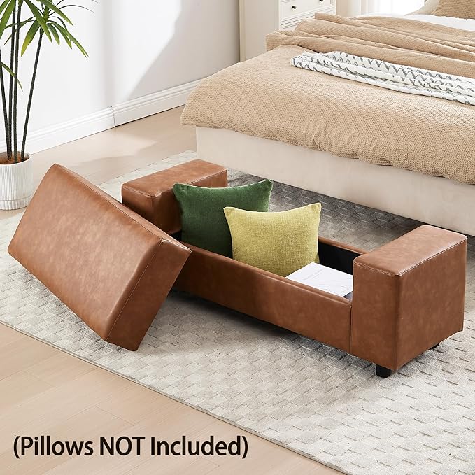 55" End of Bed Storage Bench Ottoman for Bedroom, Faux Leather Upholstered Entryway Bench Long Window Seating for Corner/Living Room/Recption Room/Office/Shop, Brown-PawvioPets