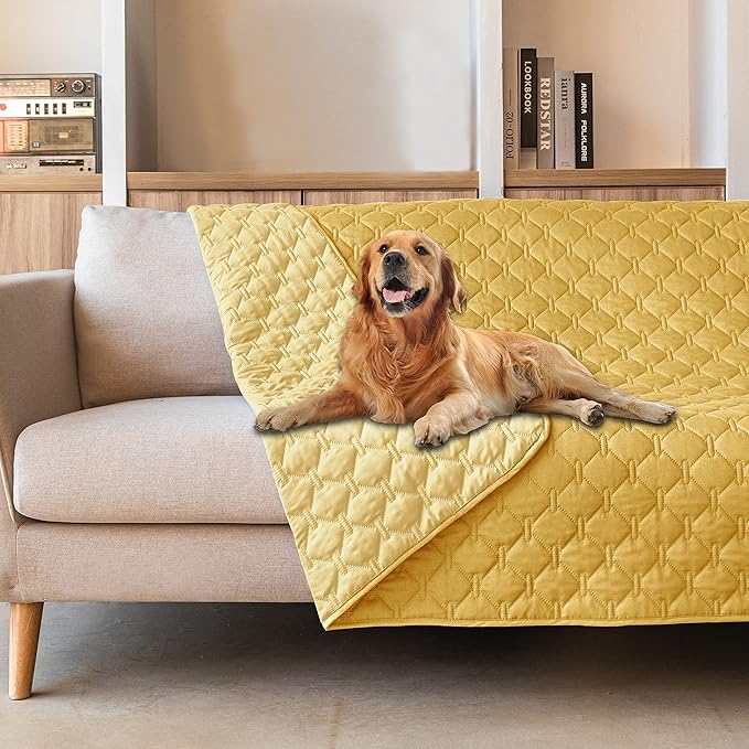 gogobunny 100% Double-Sided Waterproof Dog Bed Cover Pet Blanket Sofa Couch Furniture Protector for Puppy Large Dog Cat, Reversible (82x82 Inch (Pack of 1), Dark Yellow/Light Yellow)-PawvioPets