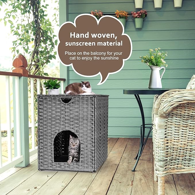 Cat Litter Box Enclosure with Litter Trapping Mat; Handwoven Plastic Rattan Cat House; No Installation Hidden Cat Washroom; Pet Crate for Balcony,Bedroom,Living Room-PawvioPets