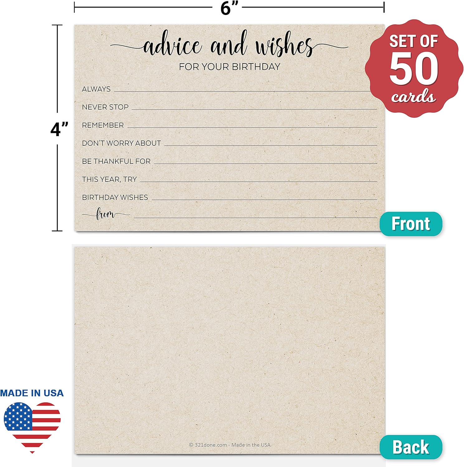 321Done Birthday Wishes and Advice Tan-Kraft (50) 4x6" Cards - Good Advice, Best Wishes, Memories Cards - Bday Party Idea Activity - Sweet 16, 30th, 40th, 50th - Fun Ad Lib Prompts - Made in USA