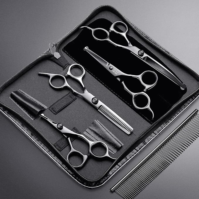 Gimars 7inch Professional 4CR Stainless Steel 6 in 1 Grooming Scissors for Dogs with Safety Round Tip, Heavy Duty Titanium Coated Pet Grooming Scissor for Dogs, Cats and Other Animals-PawvioPets