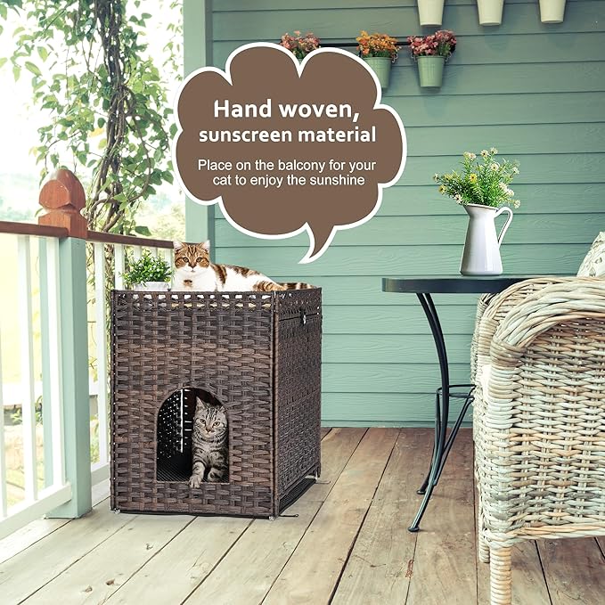 Cat Litter Box Enclosure with Soft Litter Mat; Hidden Cat Washroom Furniture with Door; Handwoven Rattan Cat House with Large Space; Pet Crate for Living Room, Bedroom, Balcony (Brown)-PawvioPets