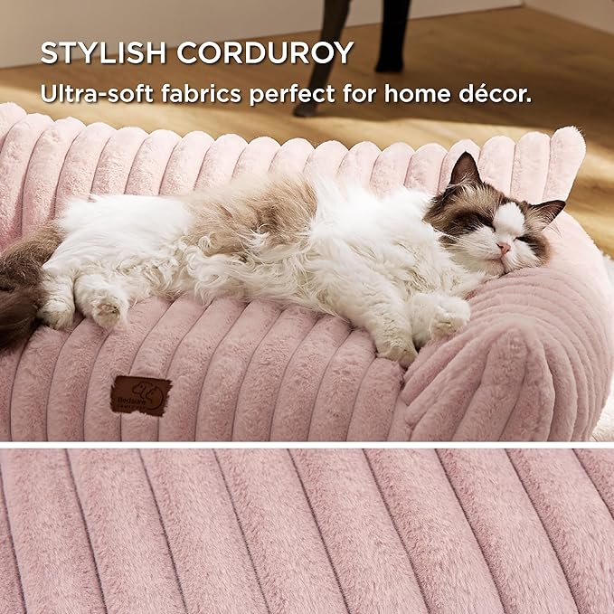 Bedsure Cute Cat Couch for Pets - Fluffy Small Dog Sofa with Premium Soft Corduroy Fleece, Pet Sofa with Removable Washable Cover, Supportive Dog Couch Bed for Small Medium Dogs, 30inch, Blush Pink-PawvioPets