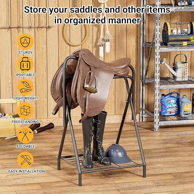 Dunatou Saddle Rack Freestanding Saddle Stand Foldable Horse Saddle Storage Rack Full Size Saddle Pad Rack Horse Blanket Holder Heavy Duty Saddle Holder for English and Western Horse Saddles, Black-PawvioPets