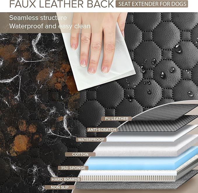 Back Seat Extender for Dogs Holds 400lbs, PU Leather Hard Bottom Car Seat Cover for Dogs,Heavy Duty Dog Car Seat Cover for Back Seat, Waterproof Dog Hammock for Car, Large Pet Bed for Car, Suv, Truck-PawvioPets