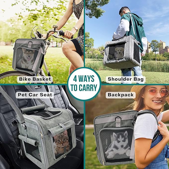 Dog Bike Basket, Expandable Soft-Sided Reflective Pet Carrier Backpack with 4 Open Doors, 4 Mesh Windows for Medium Small Dog Cat Puppies (Grey)-PawvioPets