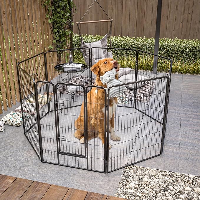 Dog Playpen, Outdoor Dog Fence, 8 Panels, 40" H Dog Pen for Medium/Small Dogs, Heavy Duty Metal Pet Fence with Gate, Portable Dog Fence for RV Camping and Yard (Black)-PawvioPets