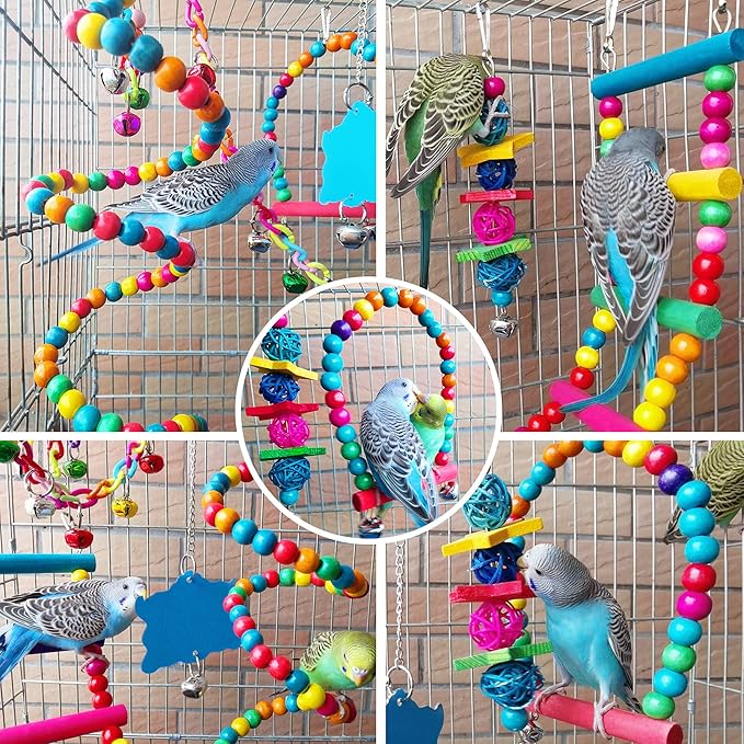 Bird Parakeet Cockatiel Toys, ESRISE Parrots Cage Hammock Swing Climbing Ladders Wooden Perch Chewing Toy for Budgerigar, Conures, Love Birds, Budgies-PawvioPets