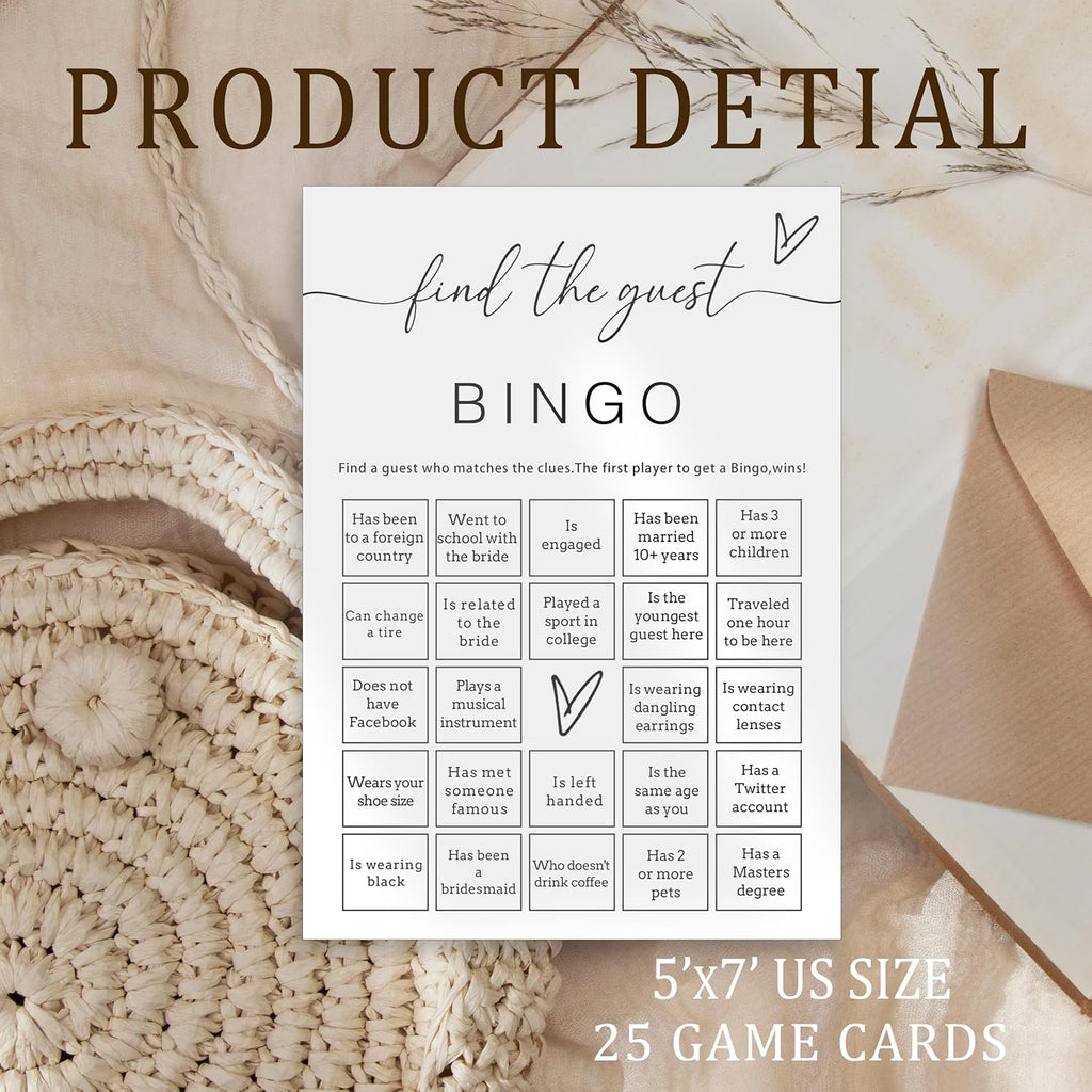 Fun Wedding Shower Bingo 25Pcs Prefilled Find The Guest Bingo Game Cards Engaging Bridal Party Entertainment for Wedding Shower, Engagement Party & Reception for Minimalist Newlywed Game - A15