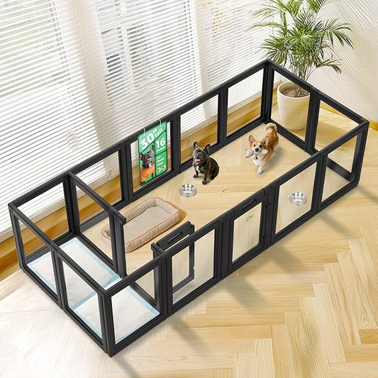 FXW AuraSpace Acrylic Indoor Unleashed Dog Playpen for Small and Medium Dogs, 30 Inch, 16 Panels, Black-PawvioPets