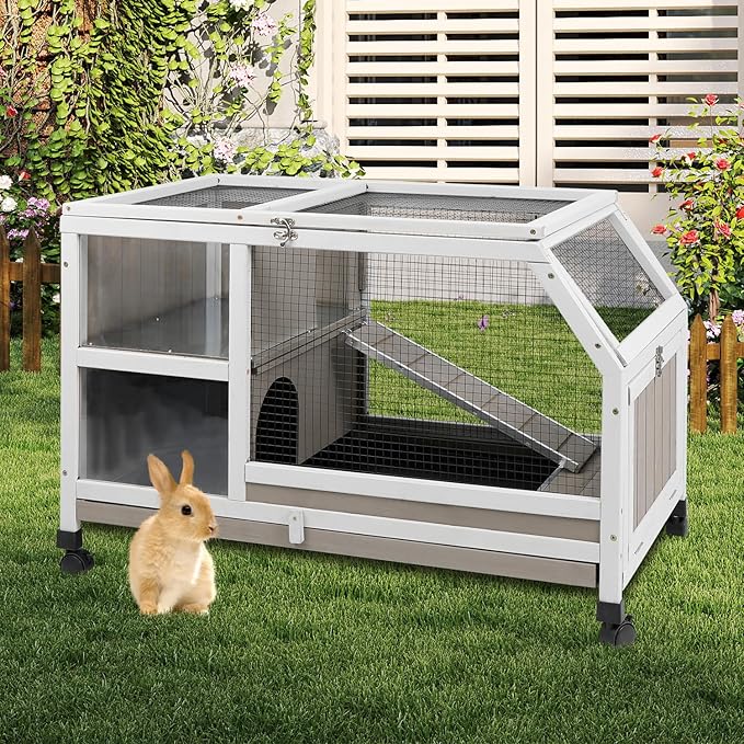 36''L Rabbit Hutch Outdoor with Casters and Run, Wooden Indoor 2 Story Guinea Pig Cage with Divider Panel, Pull Out Tray, Rabbit Duck Bunny House for Small to Medium Animals and Pet Lover, Gray-PawvioPets
