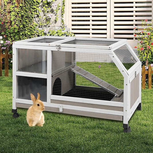 36''L Rabbit Hutch Outdoor with Casters and Run, Wooden Indoor 2 Story Guinea Pig Cage with Divider Panel, Pull Out Tray, Rabbit Duck Bunny House for Small to Medium Animals and Pet Lover, Gray-PawvioPets