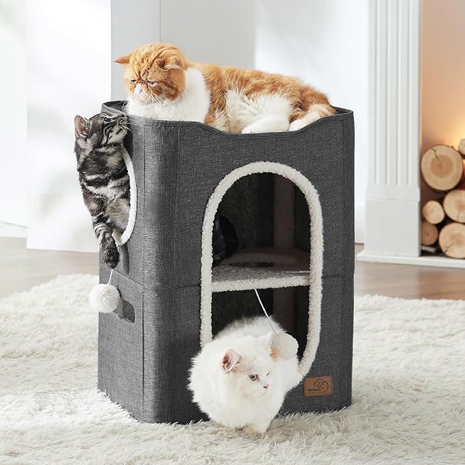 Bedsure 2 Story Cat House - Cat Condos for Indoor Cats with Scratch Pad and Fluffy Ball Hanging, Small Pet Cave Furniture Hideaway for Multi Pets, 18x14x23 inches, Dark Grey-PawvioPets