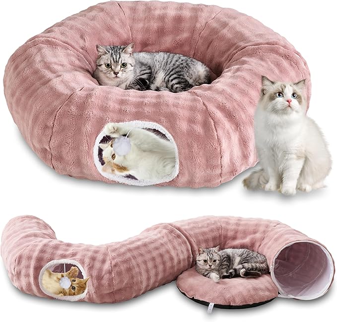 Bubble Cat Tunnel for Indoor Cats, Round Peekaboo Cave Toy with Dangling Balls, Donut Tunnel Bed with Circle Mat for Puppy Kitten Rabbit, Dusty Pink-PawvioPets