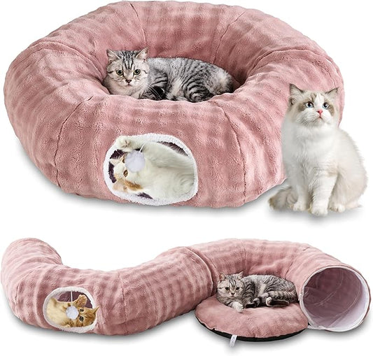 Bubble Cat Tunnel for Indoor Cats, Round Peekaboo Cave Toy with Dangling Balls, Donut Tunnel Bed with Circle Mat for Puppy Kitten Rabbit, Dusty Pink-PawvioPets