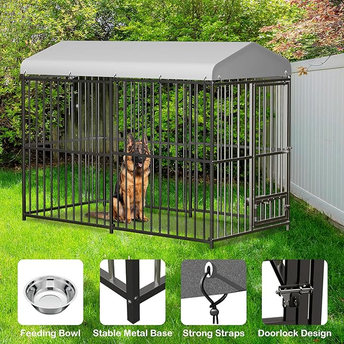 8x4x6 FT Outdoor Dog Kennel,Heavy-Duty Enclosures Outside with UV-Resistant Waterproof Roof Cover and Lock,for Medium and Large Dogs,Easy Assembly-PawvioPets