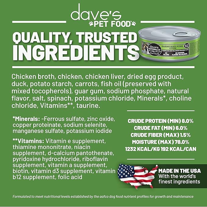 Dave's Pet Food Grain Free Wet Cat Food (Farmyard Fowl, Chicken & Duck), Made in USA Naturally Healthy Canned, Added Vitamins & Minerals, 5.5 oz Cans (24 Pack)-PawvioPets