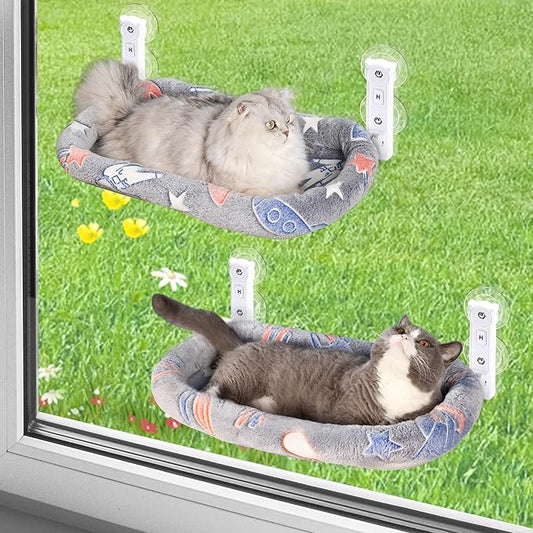 2 Pack Cat Window Perch, Glow in The Dark Foldable Cat Hammock with Cozy Pad Bed, Breathable Cordless Window Seat with Stud Metal Frame for Large Cats and Kitten (Cushion Bed, 2 Pack - L)-PawvioPets