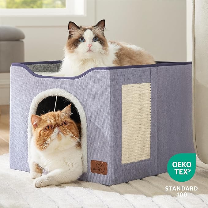Bedsure Cat Beds for Indoor Cats - Large Cat Cave for Pet Cat House with Fluffy Ball Hanging and Scratch Pad, Foldable Cat Hideaway, 16.5x16.5x13 inches, Cloud Purple-PawvioPets