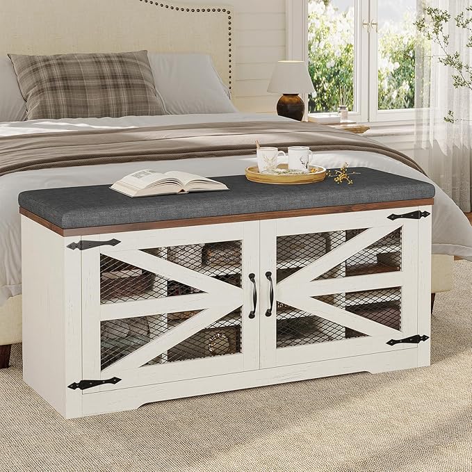 Farmhouse Storage Bench with Cushion, Metal and Wood Shoe Rack Organizer, Adjustable Shelf, Shoe Cabinet with Half Hidden Storage Space, for Entryway, Bedroom, Living Room (Old White, 43.3in)-PawvioPets