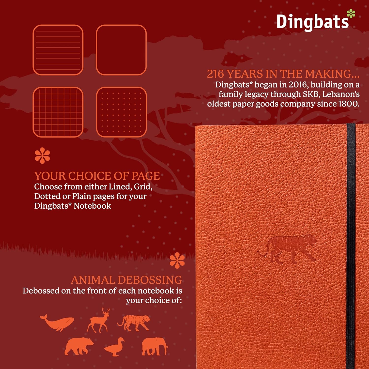 Dingbats A5+ Wildlife Notebook Journal Softcover, Cream 100gsm Ink-Proof Paper, 6 x 8.3 inches, 112 pages (Orange Tiger, Lined Format)