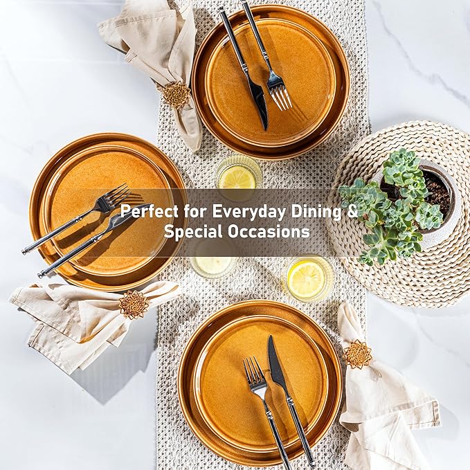 GBHOME Ceramic Dinnerware Sets for 4, 12 Pieces Stoneware Plates and Bowls Sets, Scratch Resistant Dishes, Dishwasher & Microwave Safe, Reactive Glaze-Amber-PawvioPets