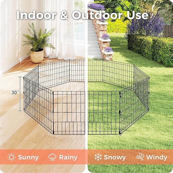 Foldable Dog Playpen 30" Height 8 Panels Metal Exercise Pen No Door - Indoor/Outdoor Puppy Playpen for Small Dogs, Portable Pet Fence for Yard Garden Camping, Black-PawvioPets