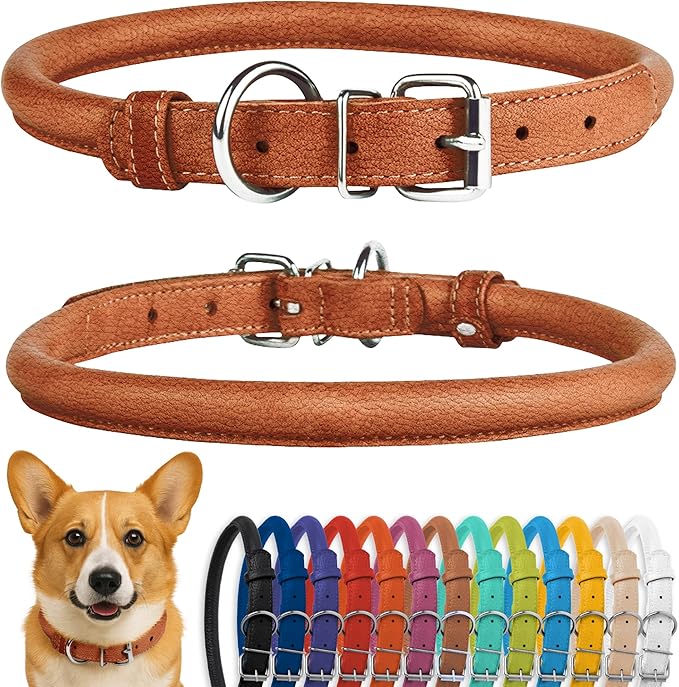 CollarDirect Rolled Leather Dog Collar, Soft Padded Round Puppy Collar, Handmade Genuine Leather Collar Dog Small Large Cat Collars 13 Colors (11-14 Inch, Cinnamon Textured)-PawvioPets